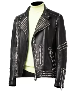 Mens Black Biker Studded Leather Jacket