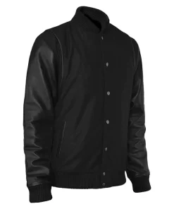 Men’s Black Cotton Varsity Jacket With Leather Sleeves