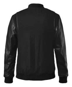 Men’s Black Cotton Varsity Jacket With Leather Sleeves