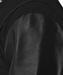 Men’s Black Cotton Varsity Jacket With Leather Sleeves