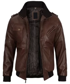 Mens Brown Leather Jacket with Removable Hood