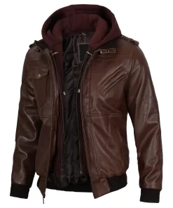 Mens Brown Leather Jacket with Removable Hood