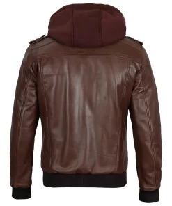 Mens Brown Leather Jacket with Removable Hood