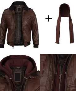 Mens Brown Leather Jacket with Removable Hood