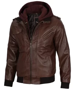 Mens Brown Leather Jacket with Removable Hood