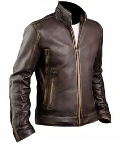 Men’s Vintage Cafe Racer Motorcycle Retro Biker Waxed Brown Leather Jacket