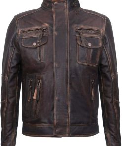 Mens Vintage Brown Leather Biker Jacket