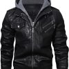 Men’s Casual Stand Collar PU Faux Leather Zip-Up Motorcycle Bomber Jacket With a Removable Hood