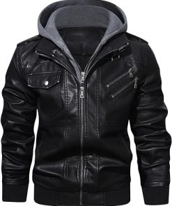 Men’s Casual Stand Collar PU Faux Leather Zip-Up Motorcycle Bomber Jacket With a Removable Hood