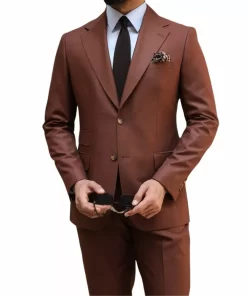 Mens 2 Piece Slim Fit Brick Brown Suit With Lapel Collar