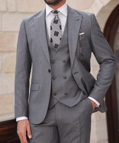 Mens 3Piece Tweed Grey Peak Lapel Suit Pant