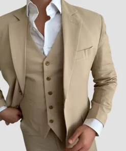 Mens Linen Three Piece Light Brown Suit