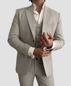 Mens Three Piece Beige Linen Suit