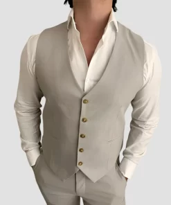 Mens Three Piece Beige Linen Suit