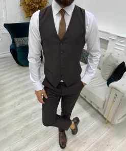 Mens Three Piece Brown Tuxedo Two Button Wedding Suit