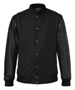 Men’s Black Cotton Varsity Jacket With Leather Sleeves