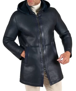 Dark Blue Leather Jacket with Detechable Hood
