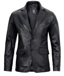 Two Button Notch Lapel Mens Black Leather Blazer