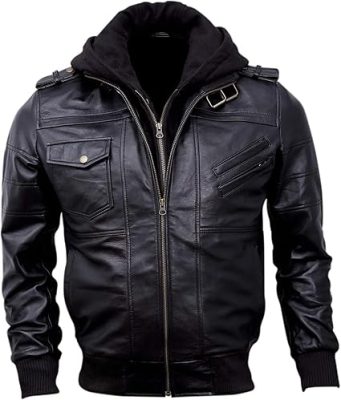 Buy Black Hooded Bomber Leather Jacket
