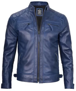 Mens Blue Quilted Shoulder Cafe Racer Leather Jacket
