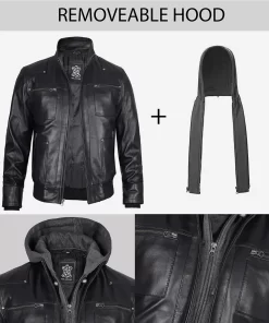 Men's Black Leather Bomber Jacket with Removable Hood