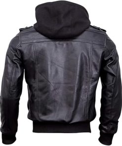 Buy Black Hooded Bomber Leather Jacket