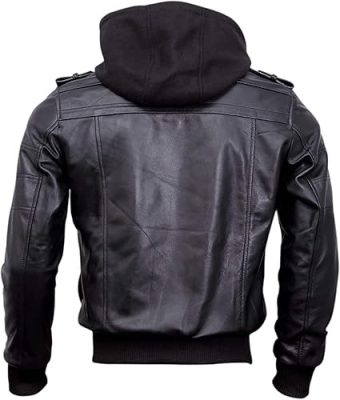 Buy Black Hooded Bomber Leather Jacket