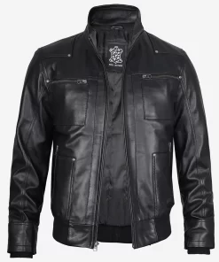 Men's Black Leather Bomber Jacket with Removable Hood