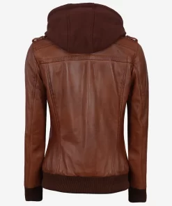 Womens Cognac Leather Bomber Jacket With Removable Hood