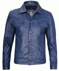 Mens Real Lambskin Leather Blue Trucker Jacket