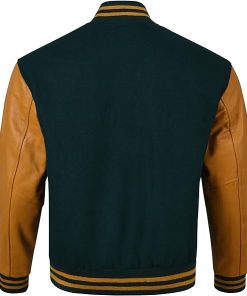 Dark Green Tan Varsity Jacket with Leather Sleeves