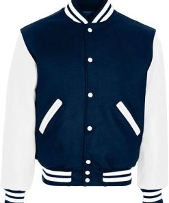 Stylish Navy Blue Varsity Jacket with White Accents