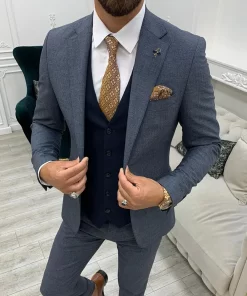 Mens Navy Blue Tweed 3 Piece Suit