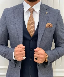 Mens Navy Blue Tweed 3 Piece Suit