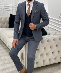 Mens Navy Blue Tweed 3 Piece Suit