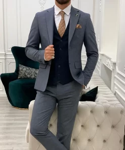 Mens Navy Blue Tweed 3 Piece Suit