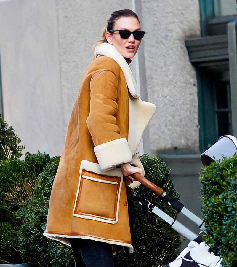 Karlie-Kloss-Brown-Shearling-Wool-Long-Coat-front-view Karlie Kloss Brown Shearling Wool Long Coat