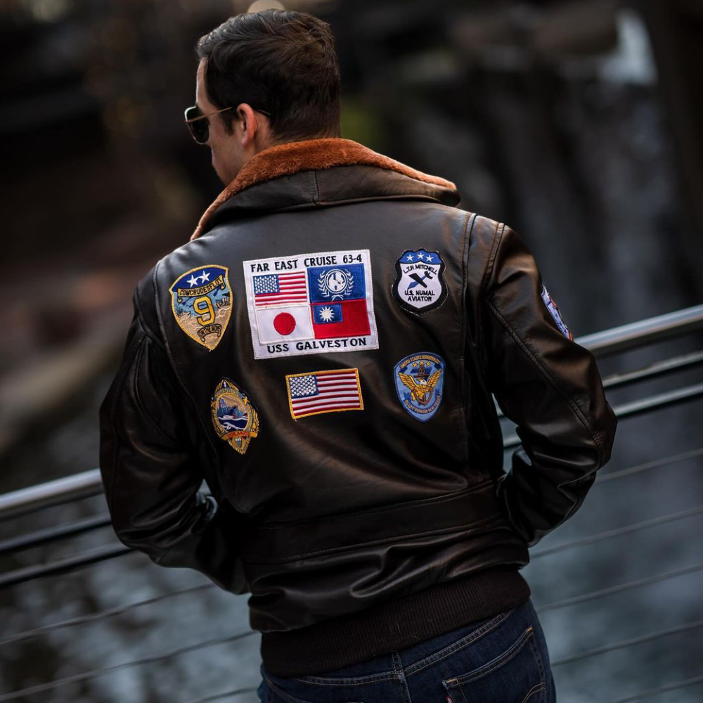 Top-Gun-Bomber-Brown-Bomber-Patched-Leather-Jacket-back-view Top Gun Bomber Brown Bomber Patched Leather Jacket