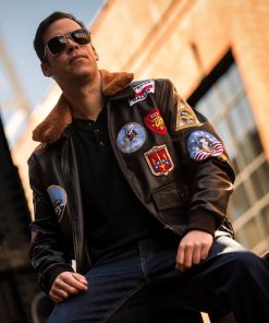Top Gun Bomber Brown Bomber Patched Leather Jacket