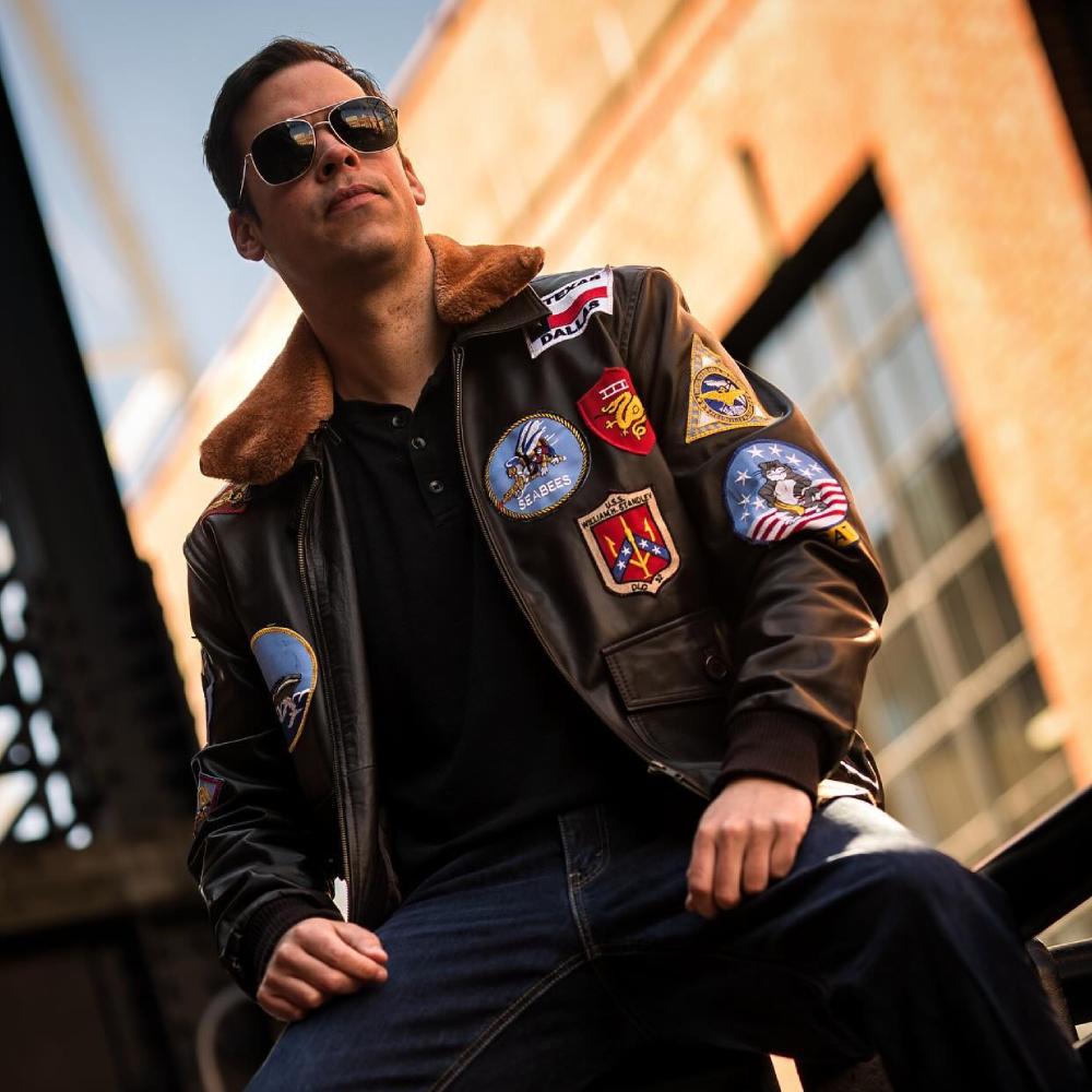 Top-Gun-Bomber-Brown-Bomber-Patched-Leather-Jacket-closure-view Top Gun Bomber Brown Bomber Patched Leather Jacket