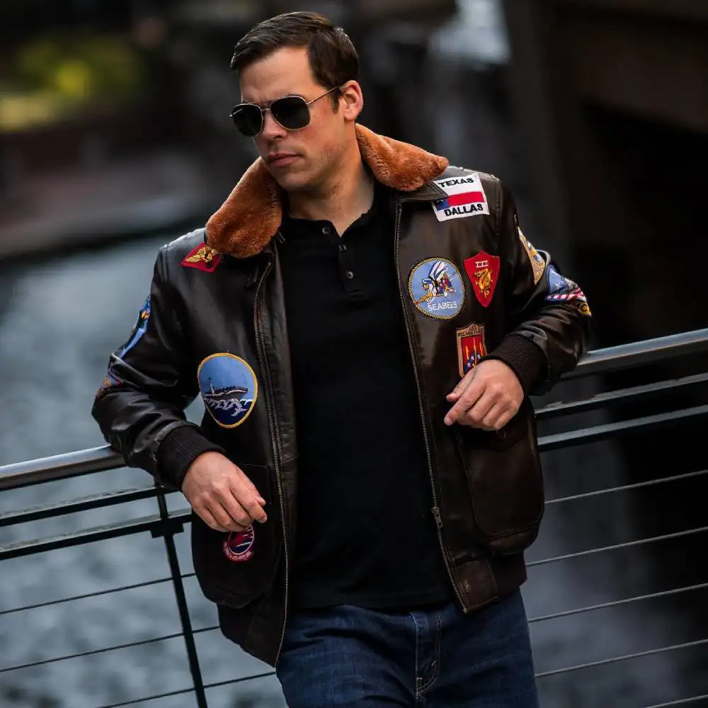 Top-Gun-Bomber-Brown-Bomber-Patched-Leather-Jacket-front-view Top Gun Bomber Brown Bomber Patched Leather Jacket