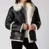 Women Trendy Black & White Aviator Shearling Fur Leather Jacket