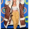 Alicia Keys brown shearling leather coat front view