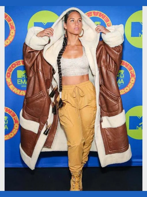 alicia-keys-brown-shearling-leather-coat-front Alicia Keys brown shearling leather coat front view