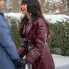 Jameela Jamil A Merry Little Ex Mas Maroon Leather Coat