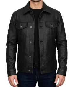 Men's Black Leather Trucker Jacket