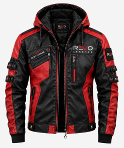 Men’s Black & Red Hooded Leather Biker Jacket – REVO Collection
