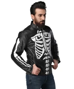 Leather Skin Men Skeleton Biker Motorcycle Genuine Leather Jacket [for mens]
