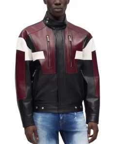 Men's Red and Black Leather Cafe Racer Jacket