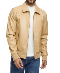 Men’s Beige Bomber Leather Shirt Jacket